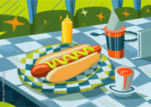 hotdog american food cuisine restaurant dining table meal gourmet traditional travel tourism culture culinary dish indoor hospitality fastfood sausage bun mustard