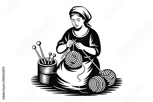 Woman knitting with wool balls and needles, vintage style illustration