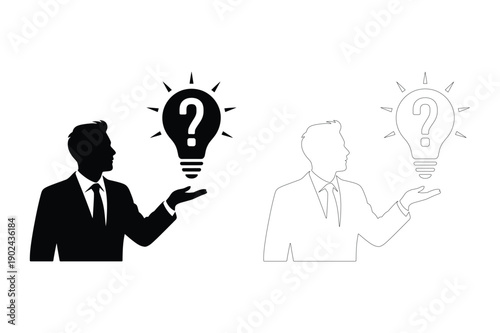Man in suit with lightbulb and question mark symbol, brainstorming idea