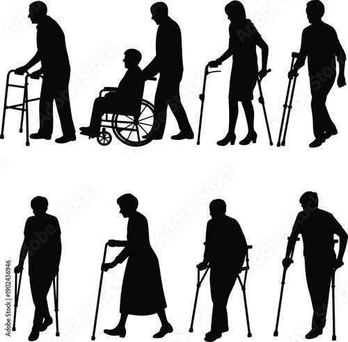Disabled people silhouette collection featuring elderly patients walking aids wheelchair crutches rehabilitation healthcare vector illustration isolated on white background