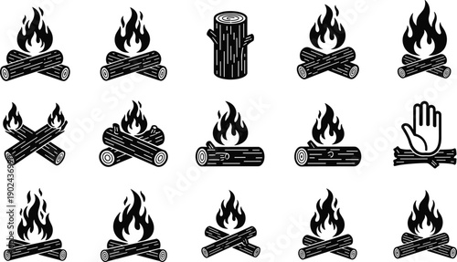 Campfire icons set fire wood logs flame camping bonfire outdoor survival heat illustration collection black silhouette