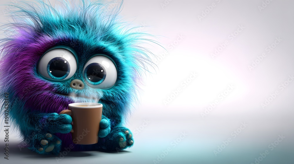 Obraz premium Cute Colorful Monster Holding a Coffee Mug with Adorable Expression