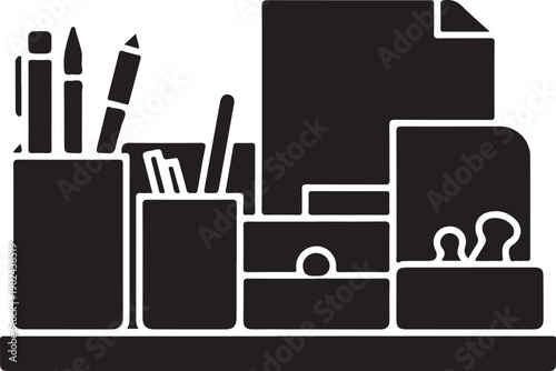 Black silhouette of desk organizer with pens and papers