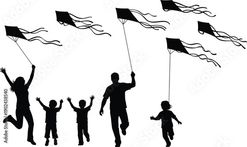 Family flying kites silhouettes, parents and children outdoor play, summer leisure activity, happy childhood, freedom fun illustration collection