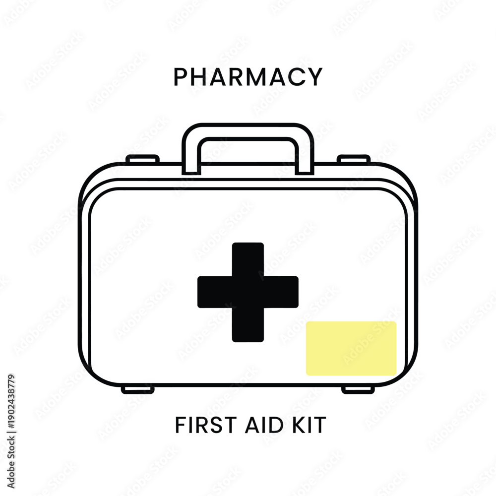 Obraz premium First aid kit in simple flat design with black cross and yellow label on white background for medical or healthcare use