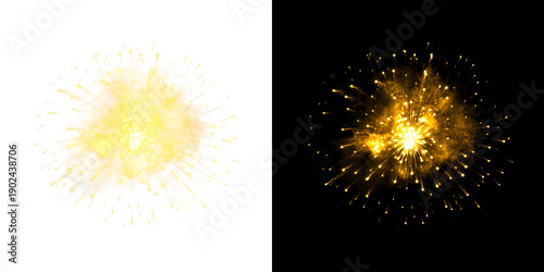 Gold firework explosion with smoke, vibrant pyrotechnic display, festive light show, nighttime event, bright sparks, celebration