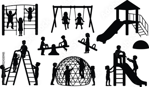 Kids playground silhouettes set featuring children playing on swing, slide, seesaw, climbing frame, jungle gym and dome structure, outdoor park activity icons isolated on white background.