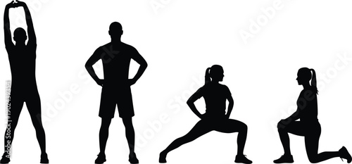 Fitness workout silhouettes set, stretching lunges squats exercises, healthy lifestyle training, gym workout poses illustration collection design artwork