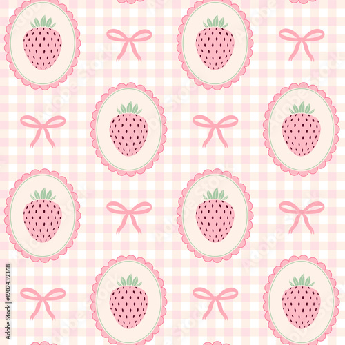 Seamless pattern with pink strawberries in scalloped frames and pink ribbons on a gingham background. Sweet coquette aesthetic design.