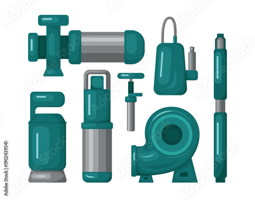 Set of blue engine parts in cartoon style. Vector illustration of various parts for engines on white background.