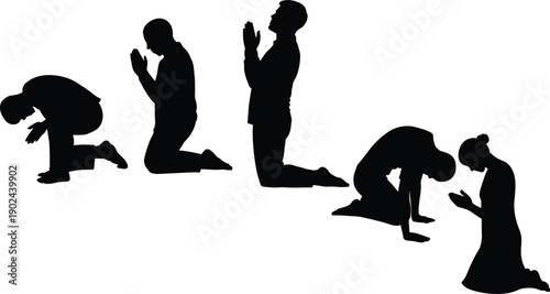 Prayer silhouette collection featuring kneeling men and women worship faith spirituality religious poses isolated on white background vector illustration