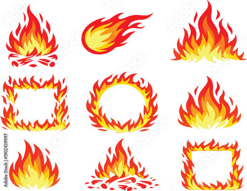Collection of Cartoon Fire and Flame Vector Illustrations Featuring Campfires, Fireballs, and Flaming Borders for Graphic Design and Game UI Icons Isolated on White Background