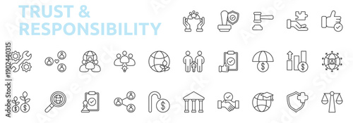 Trust And Responsibility icon outline style with team, collaboration, achievement, management, presentation, employee, hierarchy icons