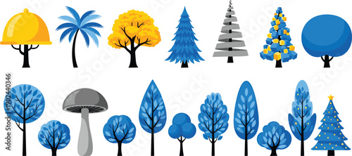 Stylized tree icons collection, seasonal forest plants, palm autumn winter christmas trees, colorful nature illustration set design