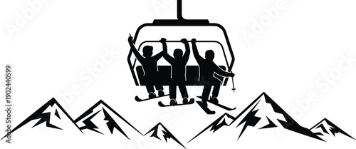 Ski lift silhouette illustration featuring skiers chairlift mountain landscape winter sport vector isolated on white background adventure travel design