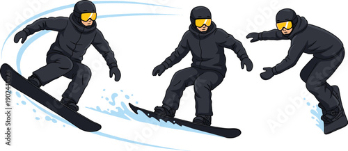 Snowboarder in black outfit with yellow goggles in three poses snowboarding