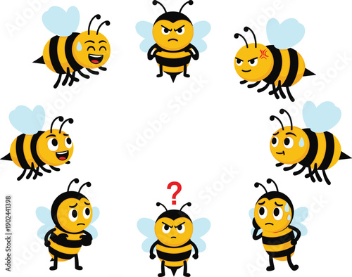 A cute cartoon honey bee character with yellow wings flies over a summer flower in this happy nature illustration from our funny insect and bumblebee vector collection