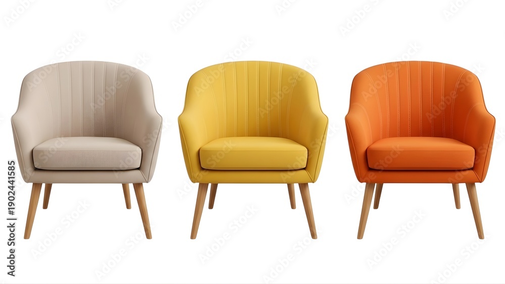 Fototapeta premium Three colorful chairs with wooden legs on a transparent background