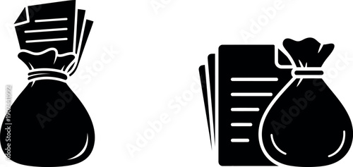 Money bag and document icons for finance and tax vector illustration set isolated on transparent background