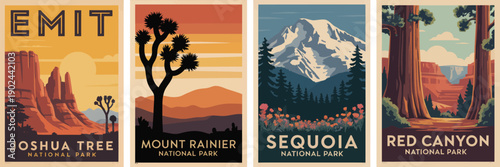 Joshua Tree National Park Poster, red orange rock formations with sunset sky and tree silhouette vector