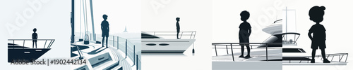 Silhouette of a Kids Standing on a Boat Vector Illustration