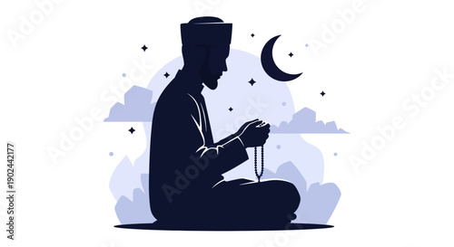 Silhouette of a Muslim man praying during Ramadan with a crescent moon in the background, conveying a peaceful and contemplative mood.