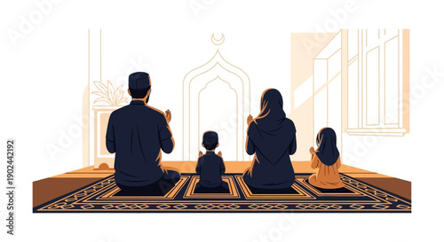 Illustration of a Muslim family praying together in a mosque with a traditional rug and architectural design in the background, conveying unity and togetherness during Ramadan.