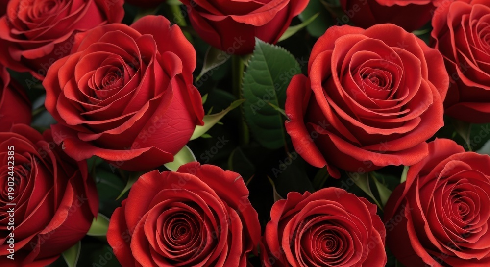 Obraz premium Macro Shot of Fresh Deep Red Roses Background Representing Passion and Love