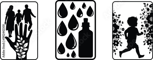 Black silhouettes of family water and child running in garden hand with leaves water droplets