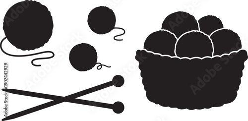 Knitting Yarn Ball and Needles Silhouette Set