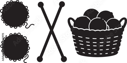 Knitting Yarn Ball and Needles Silhouette Set