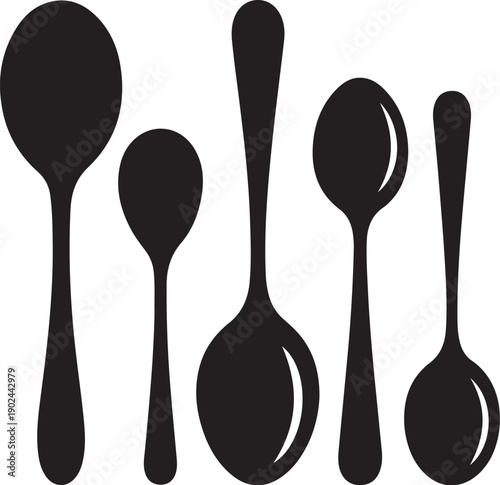 Five black spoons in a row with different shapes and sizes
