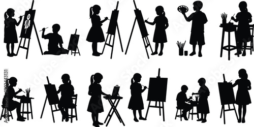 Black silhouettes of children painting on easels kids