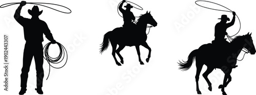 Black silhouettes of cowboys roping on horseback and on foot