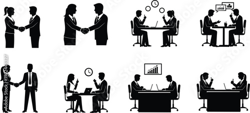Business people shaking hands sitting at desks with laptops and clocks silhouettes
