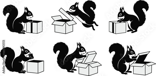 Black and white of six squirrels interacting with boxes animals rodents