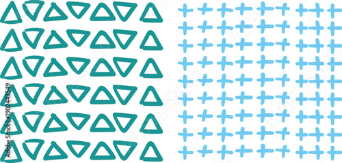 Abstract graphic design pattern featuring contrasting teal triangles and light blue plus signs