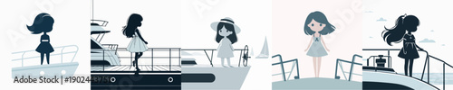 Silhouette of a Kids Standing on a Boat Vector Illustration