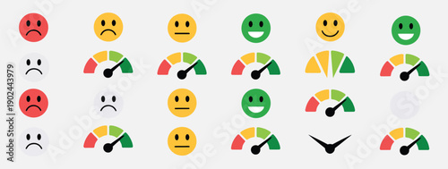 Scale meter level icon set, barometer mood symbols, dial gauge vector, speedometer with emoji faces, stress pain to satisfaction, positive negative score illustration