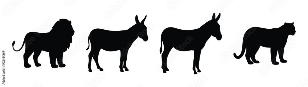 Fototapeta premium A set of animal silhouettes including a lion, donkey, and cat in a minimalist vector graphic design silhouette
