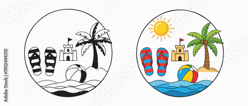 Two contrasting beach scenes with flip flops and palm trees under different weather conditions