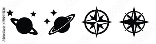 A minimalist vector graphic illustration of planets, stars, and navigation symbols in silhouette mode