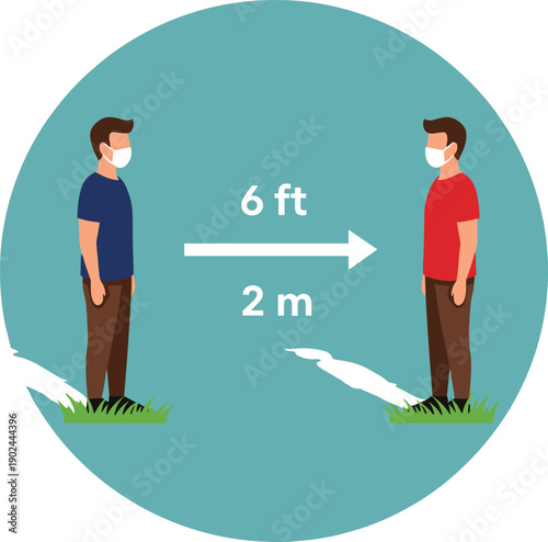 Social distancing sign with two masked men standing six feet two meters apart coronavirus prevention flat vector illustration concept