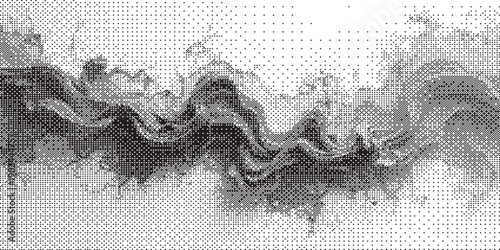 Wavy halftone dot pattern creating abstract smoke or liquid flow monochrome texture