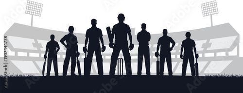 Cricket players standing together on stadium field