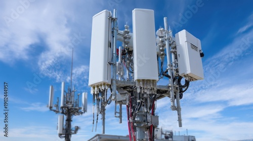 Cell tower infrastructure against a blue sky