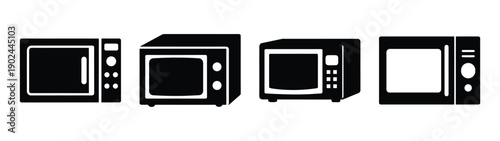 A set of modern microwave oven icons in a flat, minimalist design style silhouette