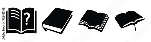 A minimalist vector graphic of open books and a question mark icon in silhouette mode