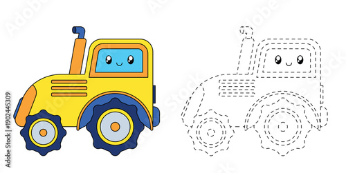 Cute cartoon tractor with dotted lines vector illustration