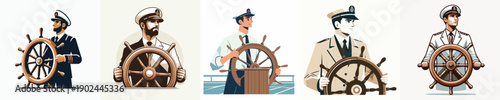 Vector Illustration of a Male Captain Holding the Steering Wheel of a Ship